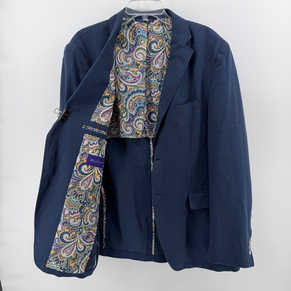 Alan Flusser Sport Coat Mens Large Navy Blue Linen Blend Paisley Lining Blazer